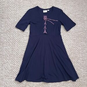 Maeve Anthropologie Navy Blue Lace Up Front Fit Flare Knit Dress Medium